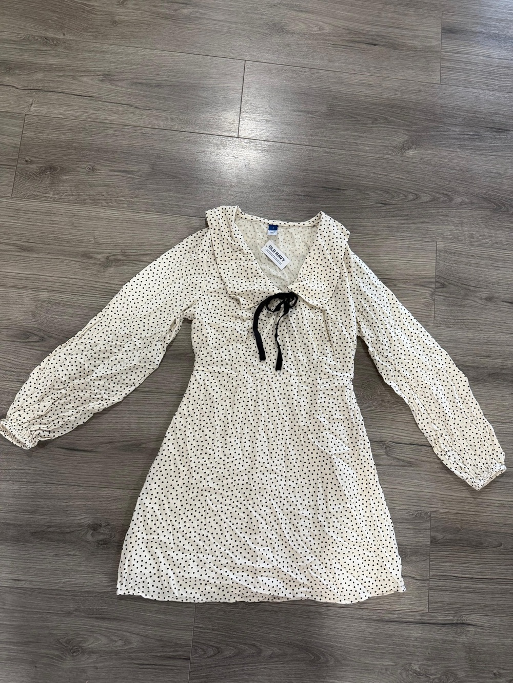 Old Navy Cream Polka Dot Long-Sleeve Dress with Black Tie